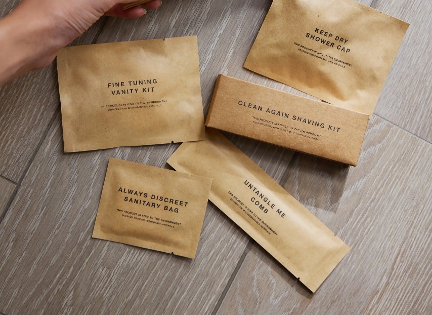 Amenities packaged with kraft paper.